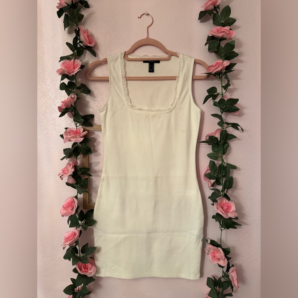 Forever 21 White Ribbed Tank Dress with Lace Trim